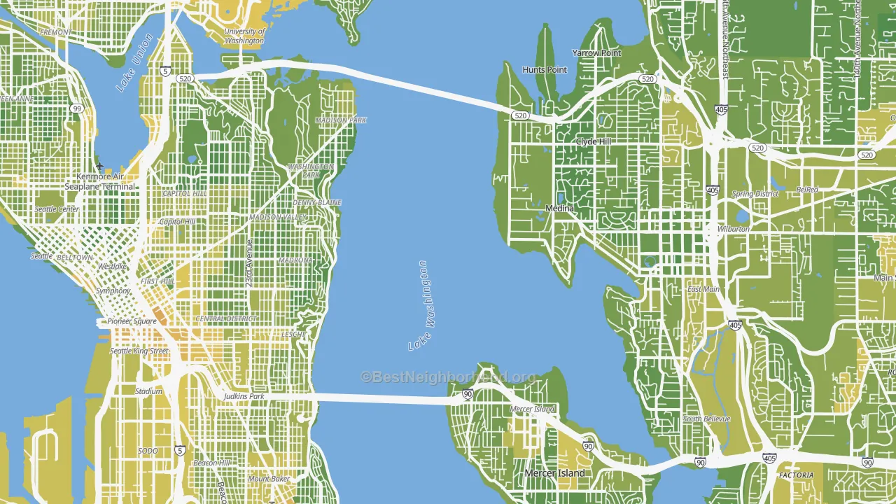 Map of the best neighborhoods in the Downtown Seattle, Seattle area, with better matches in green and worse matches in red