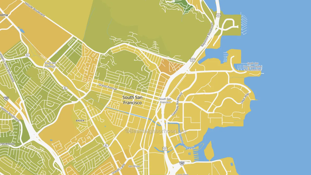 Map of the best neighborhoods in the Downtown South San Francisco, South San Francisco area, with better matches in green and worse matches in red