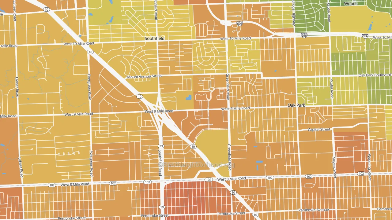Map of the best neighborhoods in the Downtown Southfield, Southfield area, with better matches in green and worse matches in red