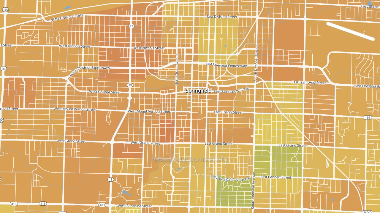 Map of the best neighborhoods in the Downtown Springfield, Springfield area, with better matches in green and worse matches in red