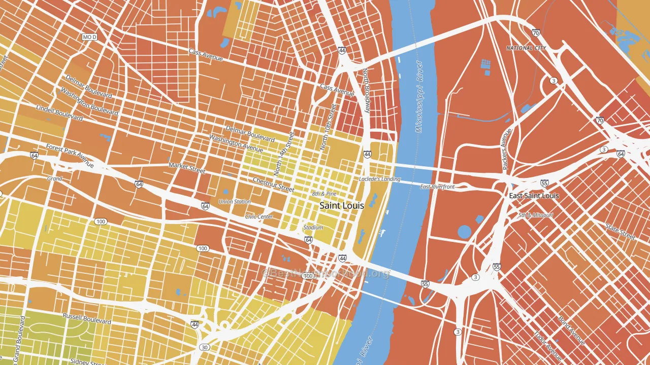 Map of the best neighborhoods in the Downtown, St. Louis area, with better matches in green and worse matches in red