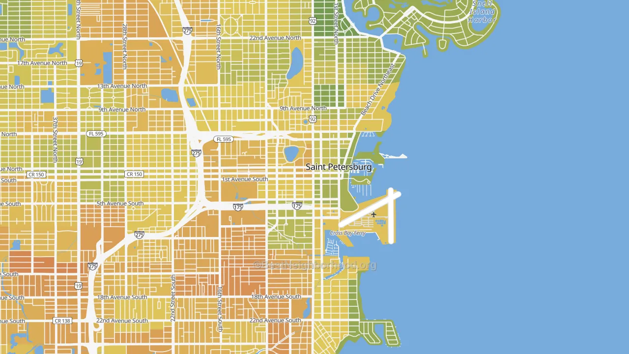 Map of the best neighborhoods in the Downtown St Petersburg, St. Petersburg area, with better matches in green and worse matches in red