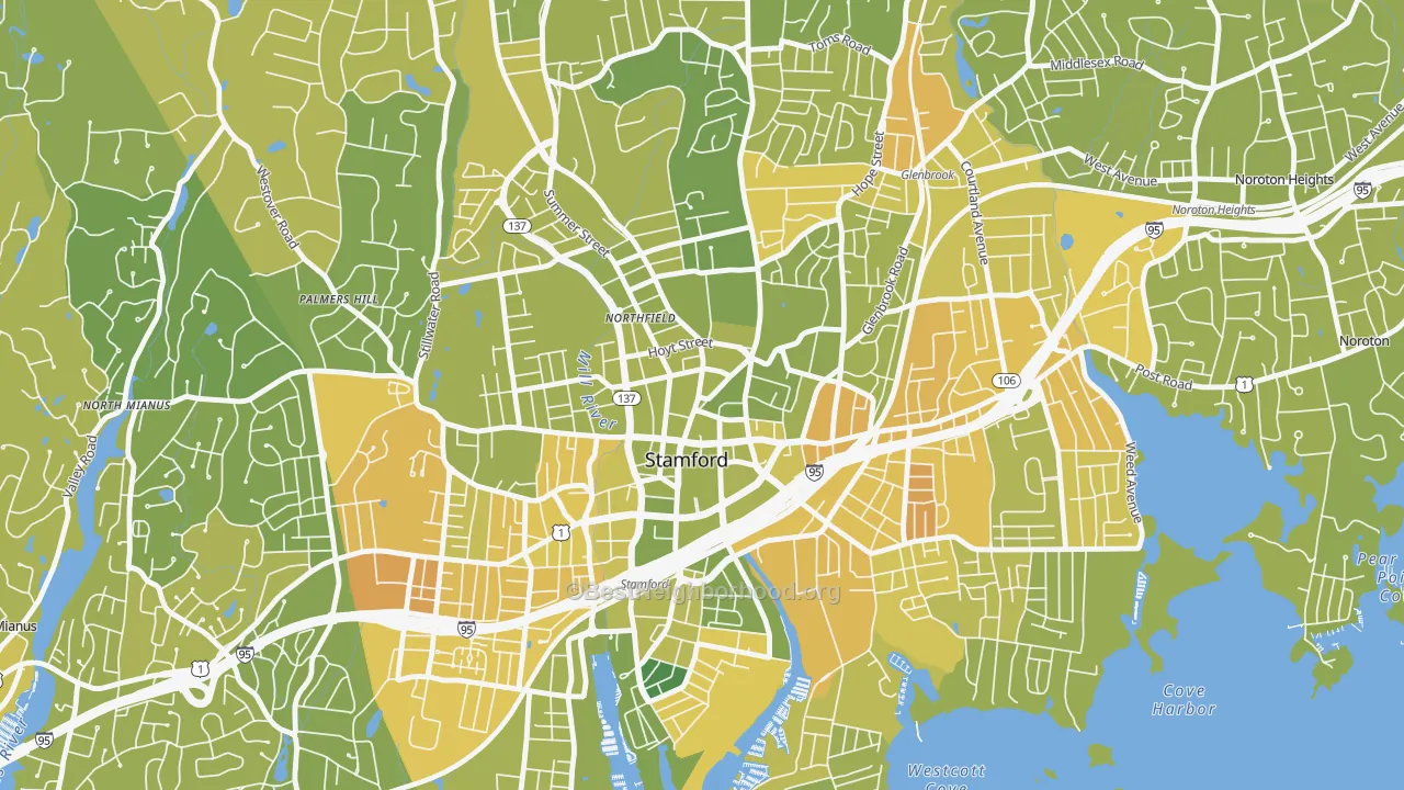Map of the best neighborhoods in the Downtown Stamford, Stamford area, with better matches in green and worse matches in red
