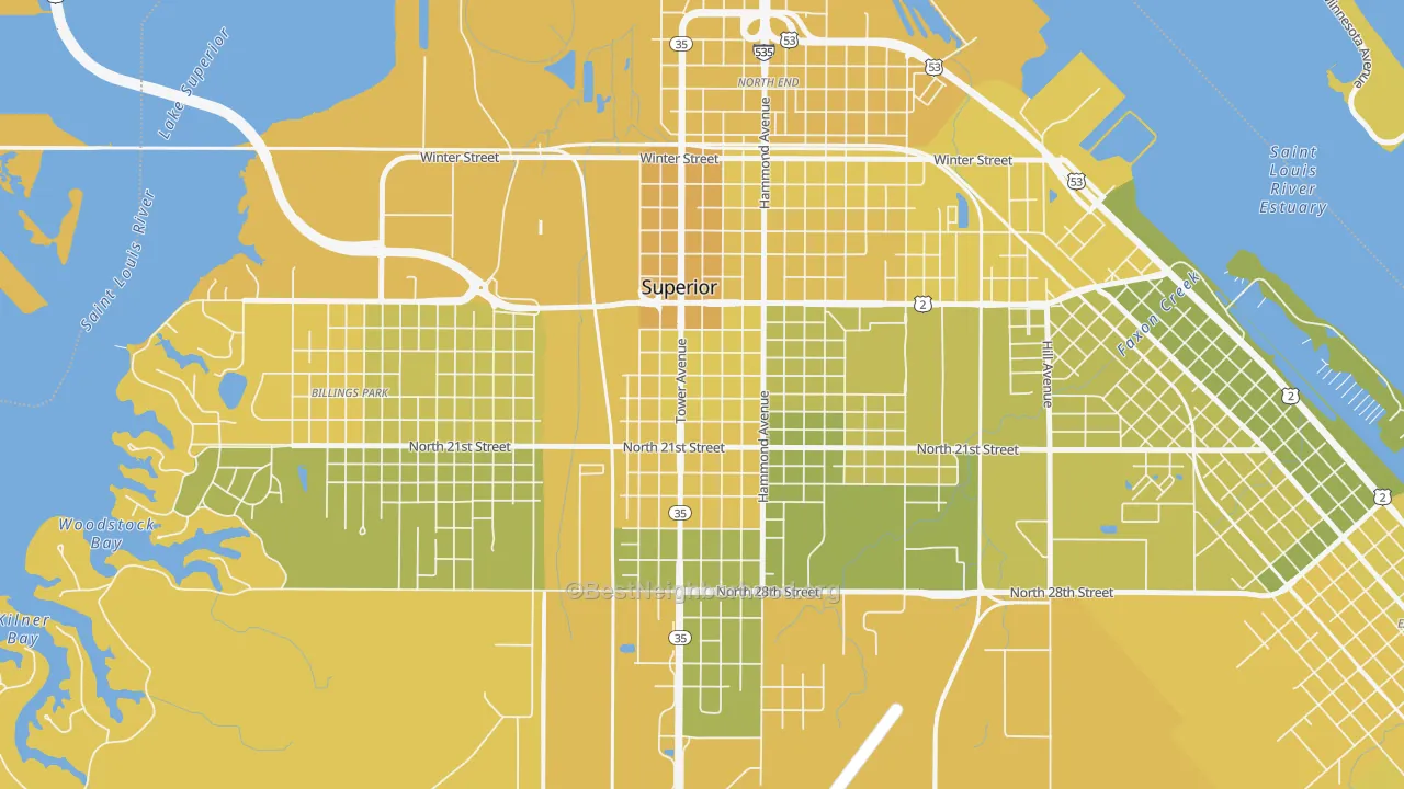 Map of the best neighborhoods in the Downtown, Superior area, with better matches in green and worse matches in red