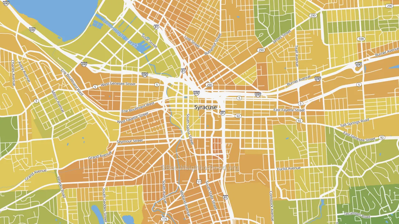 Map of the best neighborhoods in the Downtown Syracuse, Syracuse area, with better matches in green and worse matches in red