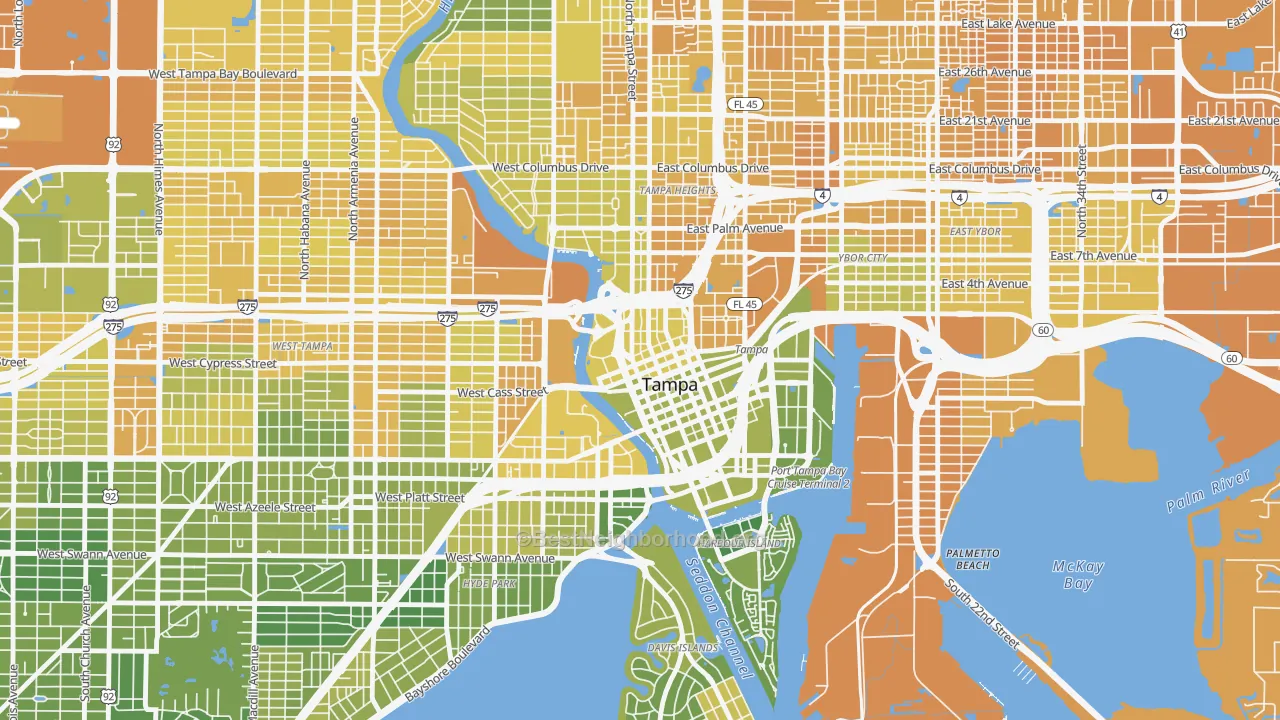 Map of the best neighborhoods in the Downtown Tampa, Tampa area, with better matches in green and worse matches in red