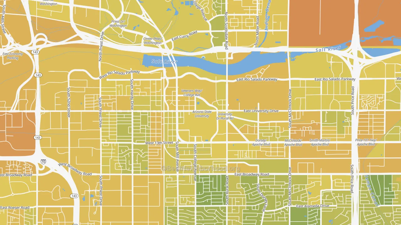 Map of the best neighborhoods in the Downtown Tempe, Tempe area, with better matches in green and worse matches in red