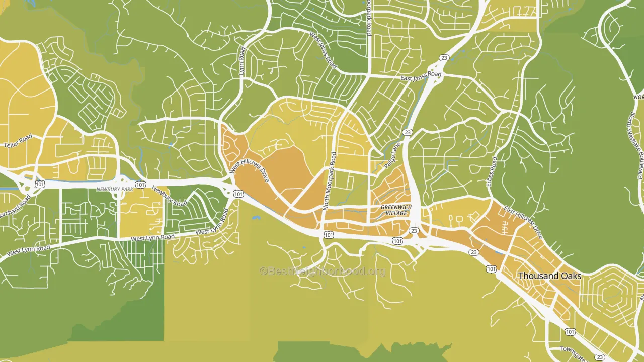 Map of the best neighborhoods in the Downtown Thousand Oaks, Thousand Oaks area, with better matches in green and worse matches in red