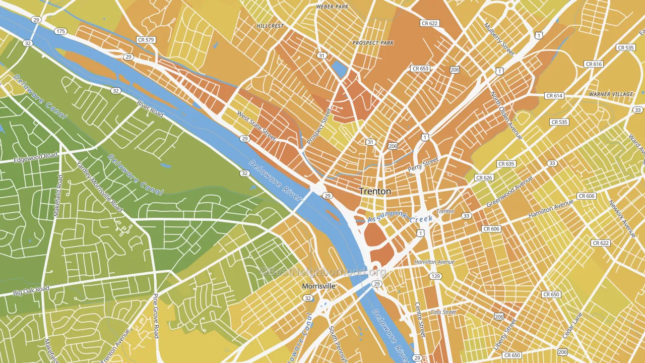 Map of the best neighborhoods in the Downtown Trenton, Trenton area, with better matches in green and worse matches in red