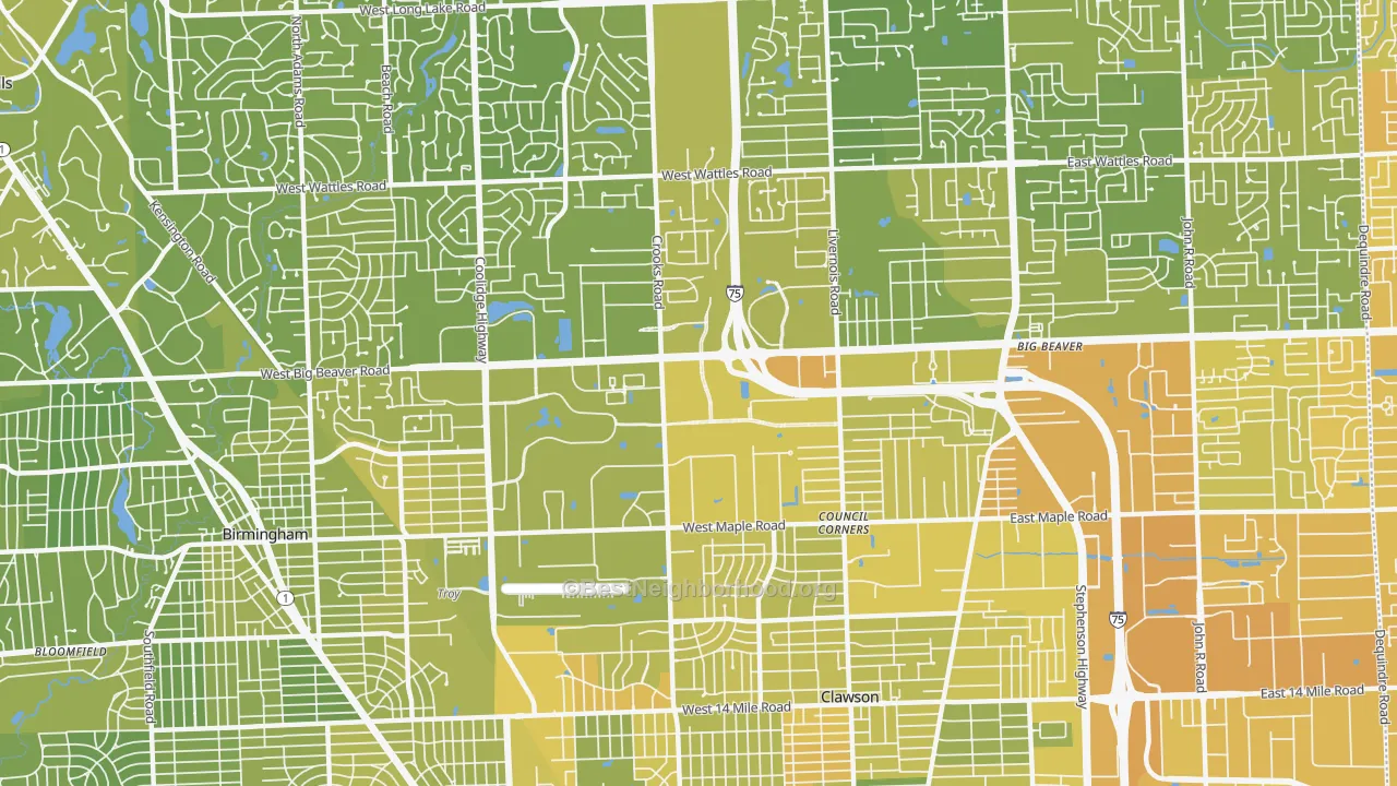 Map of the best neighborhoods in the Downtown Troy, Troy area, with better matches in green and worse matches in red