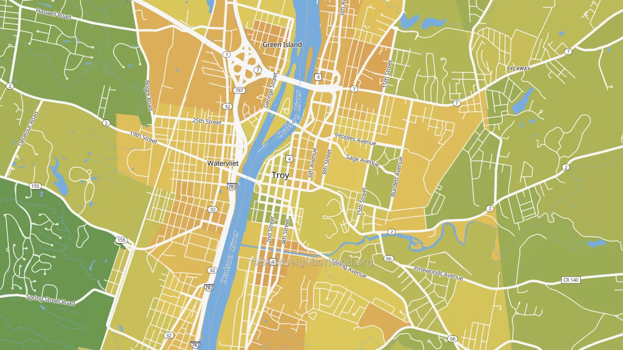 Map of the best neighborhoods in the Downtown Troy, Troy area, with better matches in green and worse matches in red