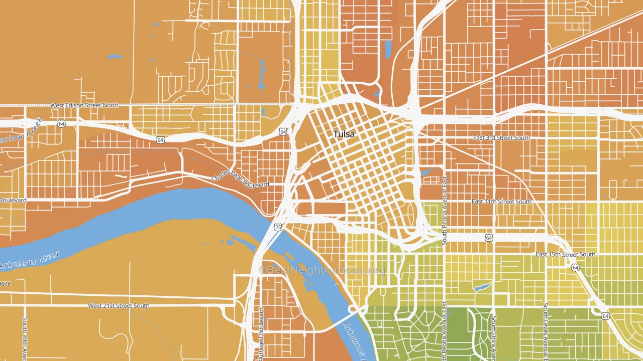 Map of the best neighborhoods in the Downtown Tulsa, Tulsa area, with better matches in green and worse matches in red