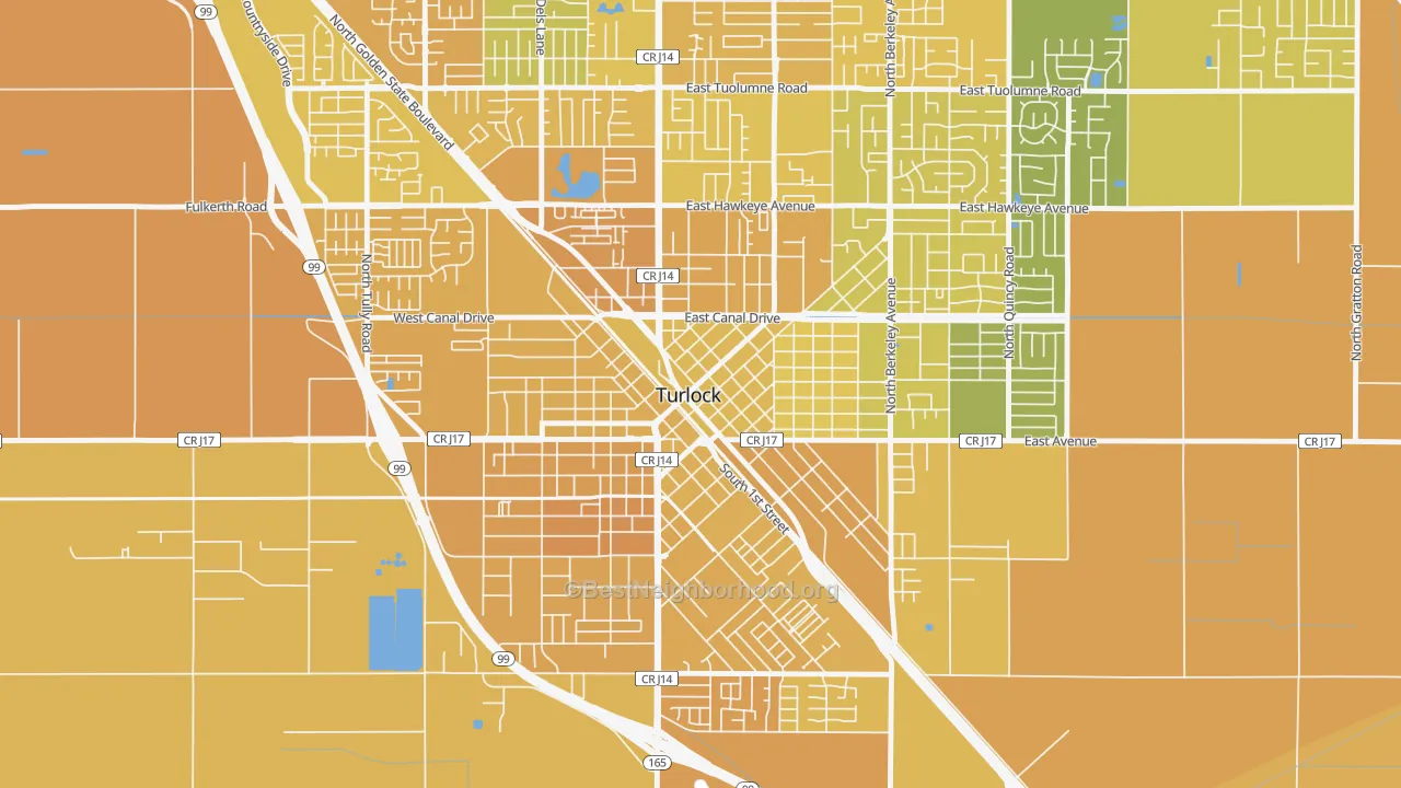 Map of the best neighborhoods in the Downtown Turlock, Turlock area, with better matches in green and worse matches in red