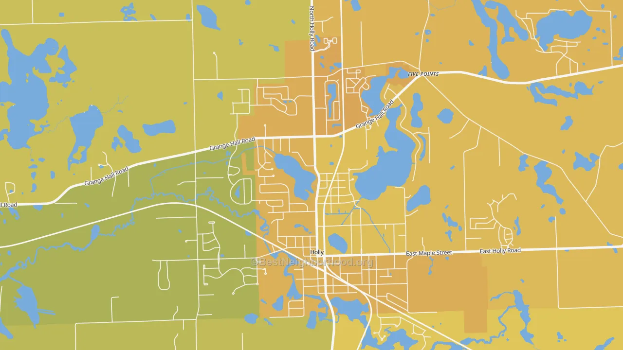 Map of the best neighborhoods in the Downtown Village of Holly, Holly area, with better matches in green and worse matches in red