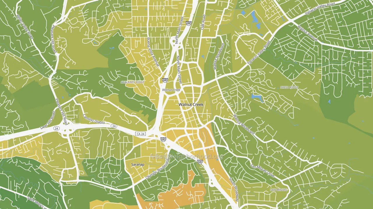 Map of the best neighborhoods in the Downtown Walnut Creek, Walnut Creek area, with better matches in green and worse matches in red