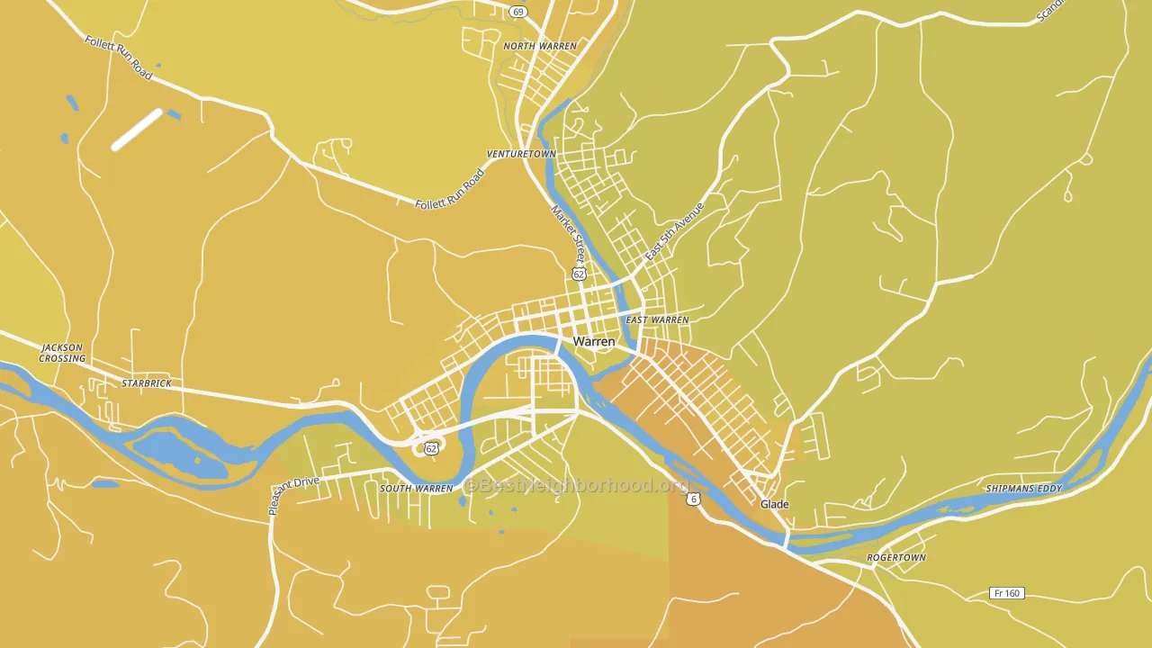 Map of the best neighborhoods in the Downtown Warren, Warren area, with better matches in green and worse matches in red