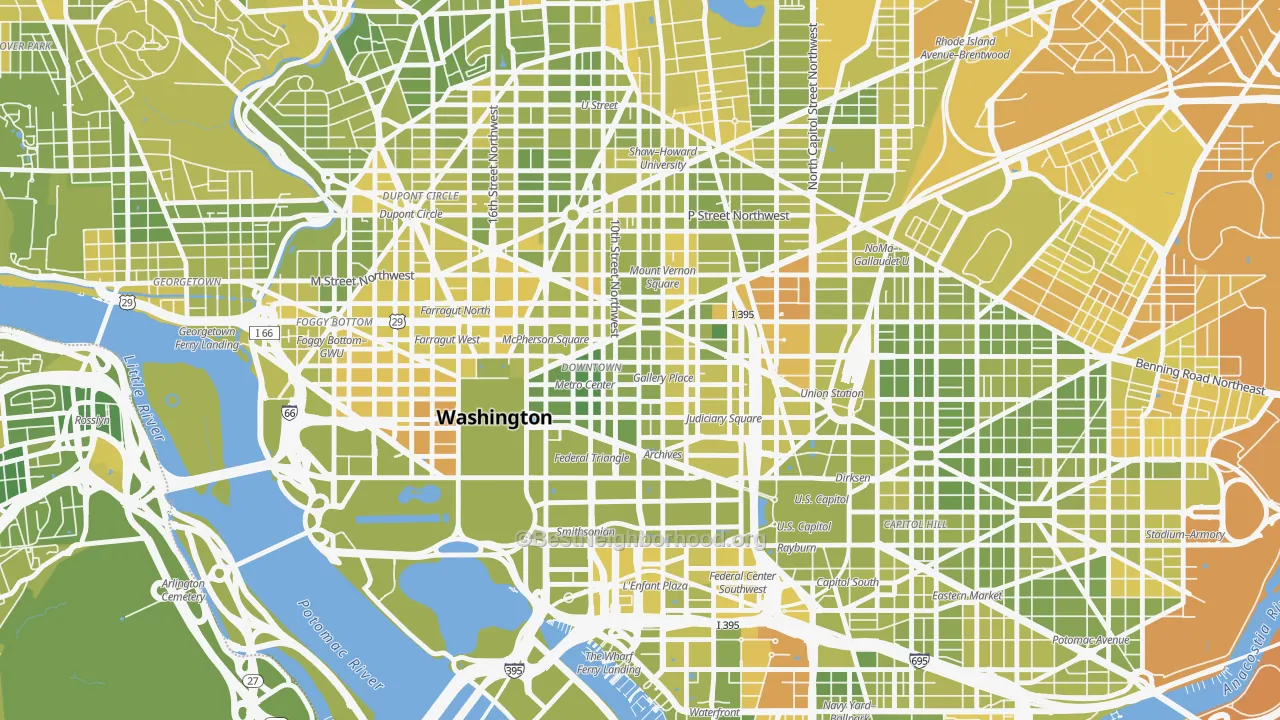 Map of the best neighborhoods in the Downtown, Washington area, with better matches in green and worse matches in red