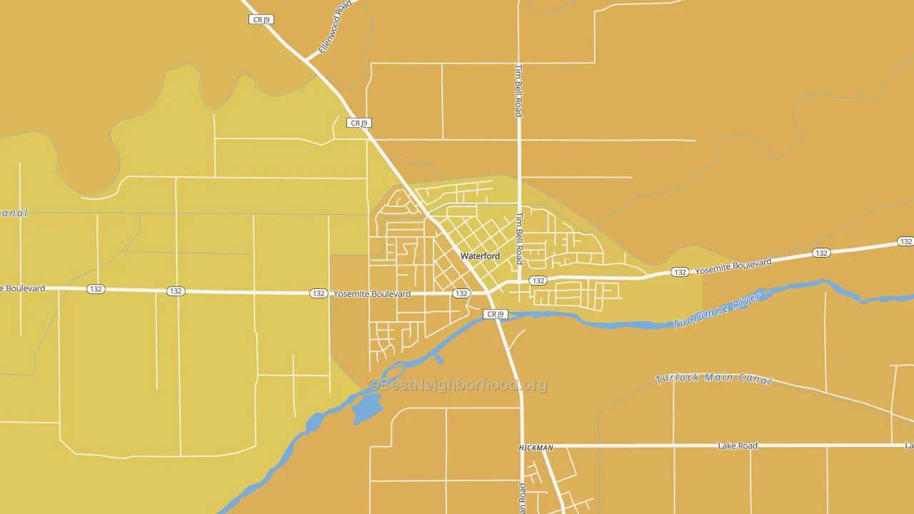Map of the best neighborhoods in the Downtown Waterford, Waterford area, with better matches in green and worse matches in red