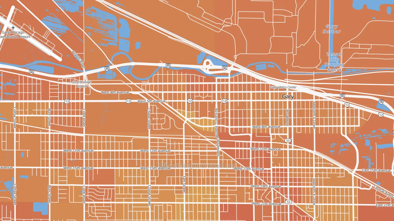 Map of the best neighborhoods in the Downtown West, Gary area, with better matches in green and worse matches in red