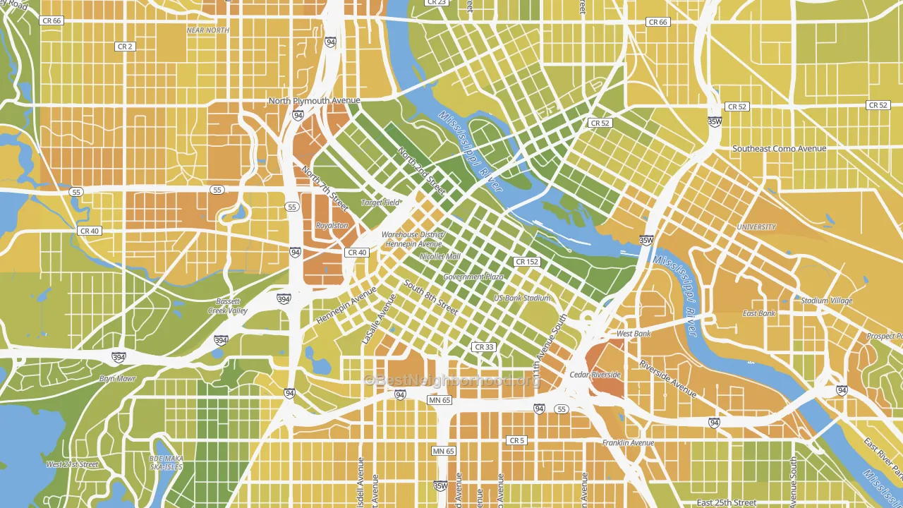Map of the best neighborhoods in the Downtown West, Minneapolis area, with better matches in green and worse matches in red