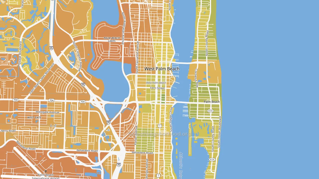 Map of the best neighborhoods in the Downtown West Palm Beach, West Palm Beach area, with better matches in green and worse matches in red