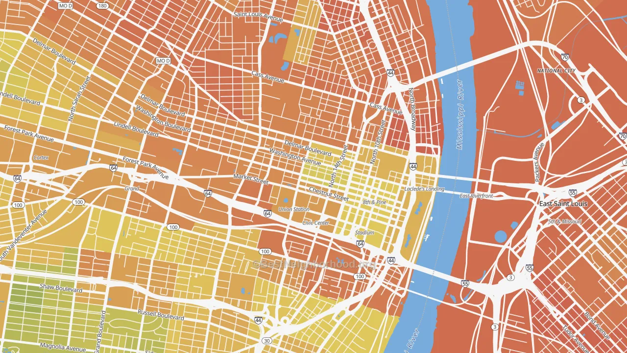 Map of the best neighborhoods in the Downtown West, St. Louis area, with better matches in green and worse matches in red