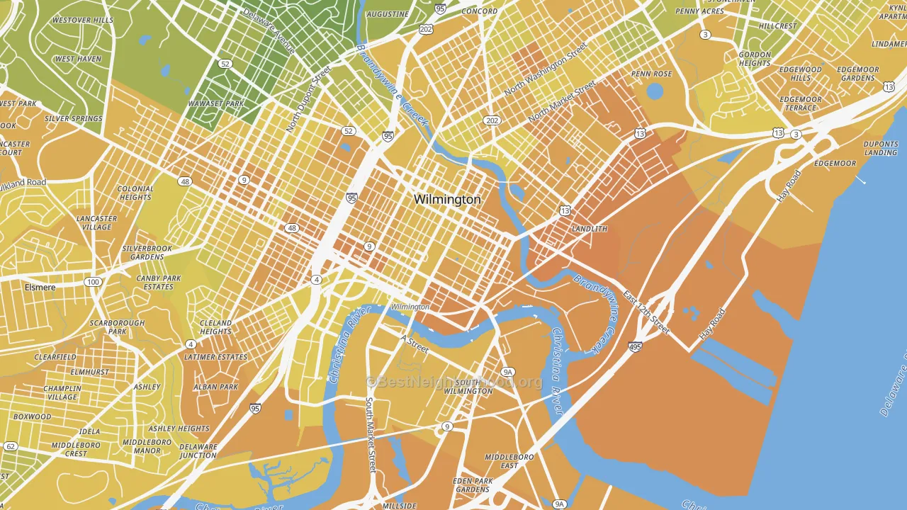 Map of the best neighborhoods in the Downtown, Wilmington area, with better matches in green and worse matches in red