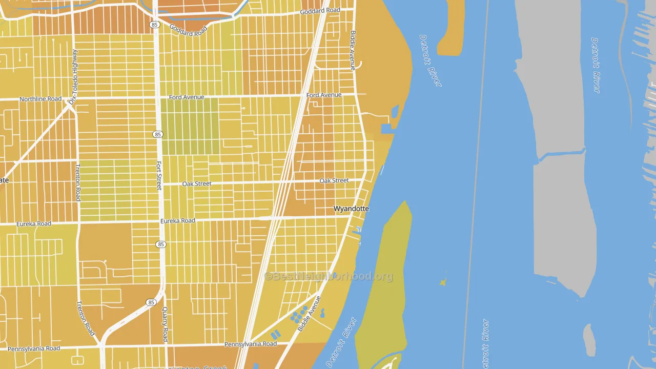 Map of the best neighborhoods in the Downtown Wyandotte, Wyandotte area, with better matches in green and worse matches in red
