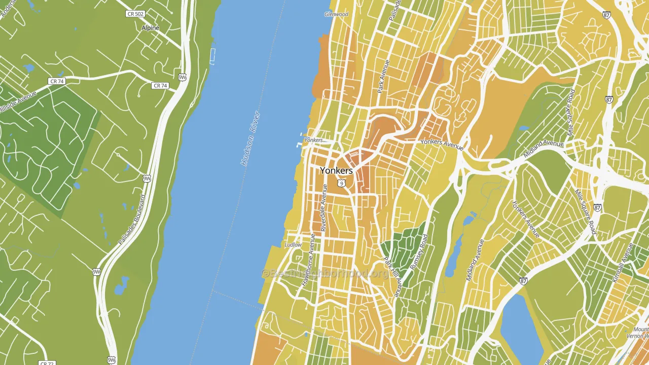 Map of the best neighborhoods in the Downtown Yonkers, Yonkers area, with better matches in green and worse matches in red