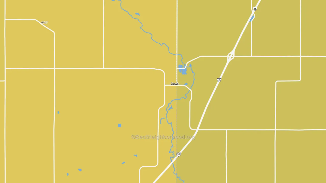 Map of the best neighborhoods in the Dows area, with better matches in green and worse matches in red