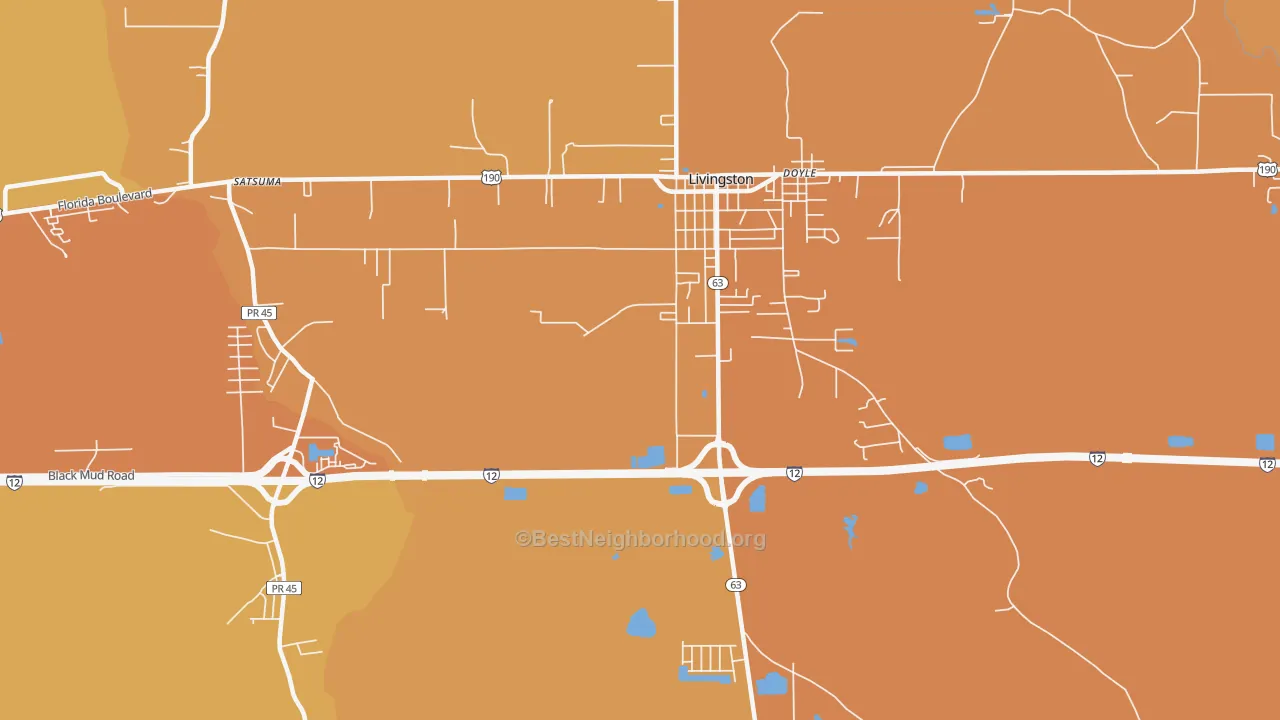 Map of the best neighborhoods in the Doyle area, with better matches in green and worse matches in red