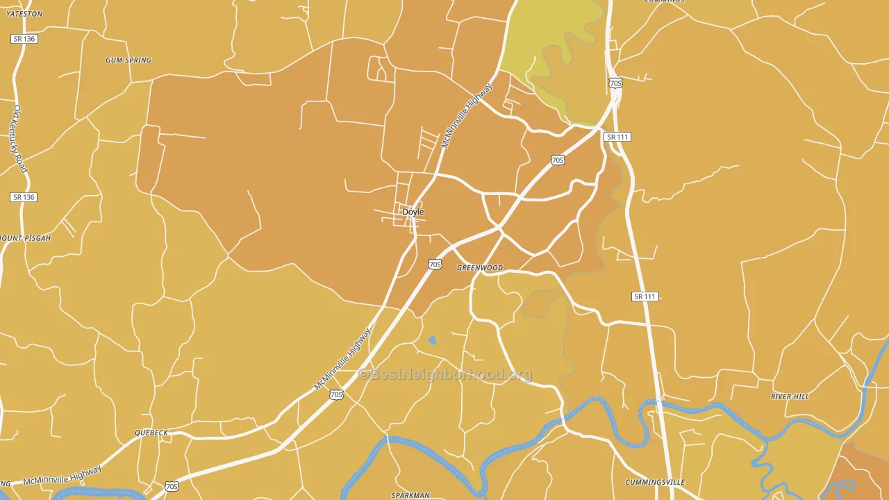 Map of the best neighborhoods in the Doyle area, with better matches in green and worse matches in red