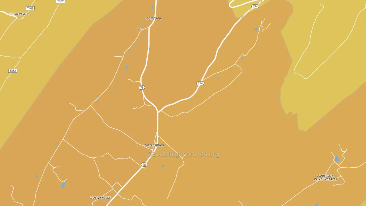 Map of the best neighborhoods in the Doylesburg area, with better matches in green and worse matches in red