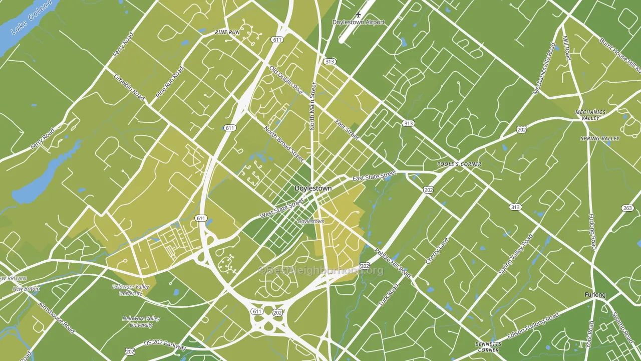 Map of the best neighborhoods in the Doylestown Historic District, Doylestown area, with better matches in green and worse matches in red