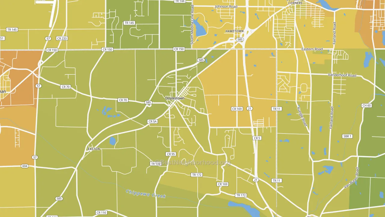 Map of the best neighborhoods in the Doylestown area, with better matches in green and worse matches in red