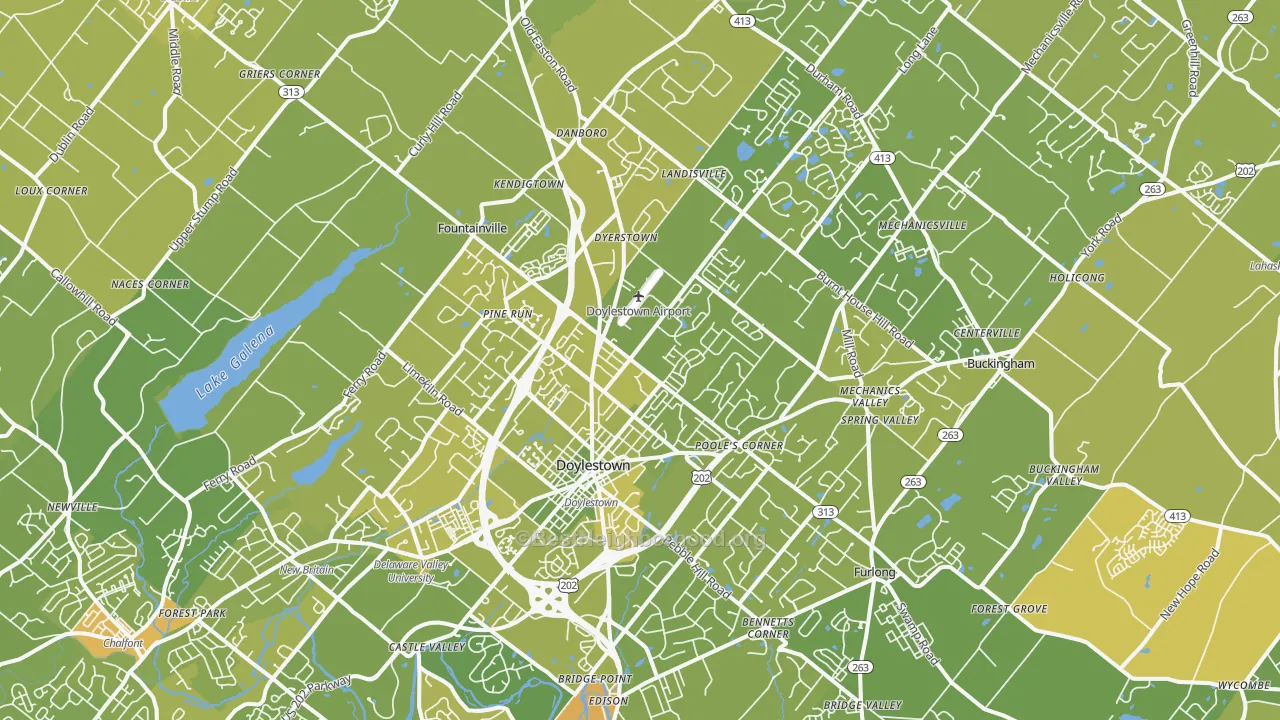 Map of the best neighborhoods in the Doylestown area, with better matches in green and worse matches in red