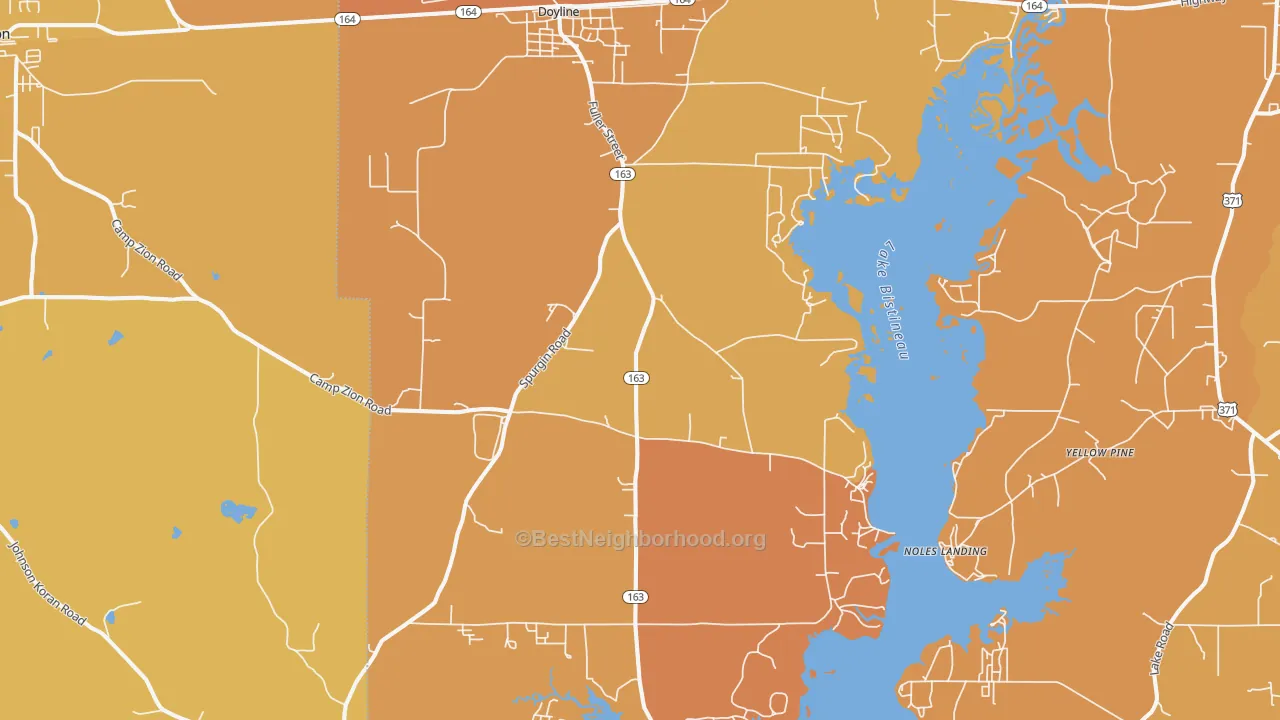 Map of the best neighborhoods in the Doyline area, with better matches in green and worse matches in red