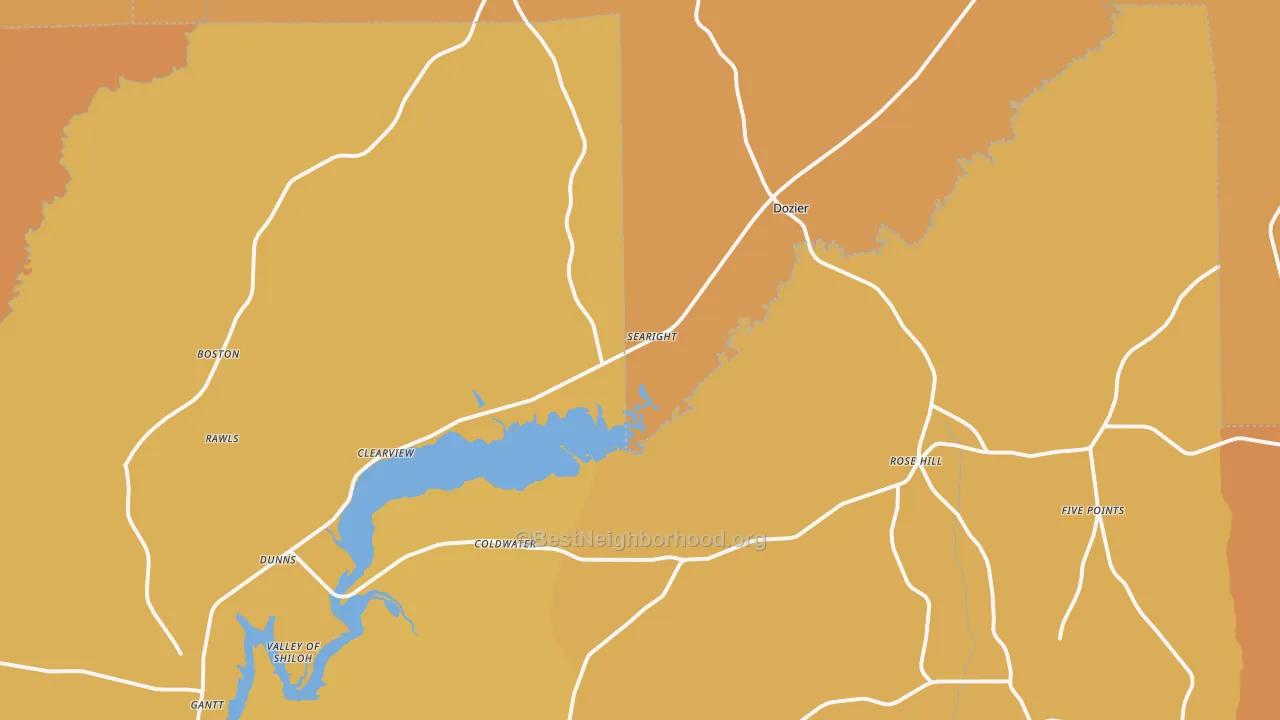 Map of the best neighborhoods in the Dozier area, with better matches in green and worse matches in red