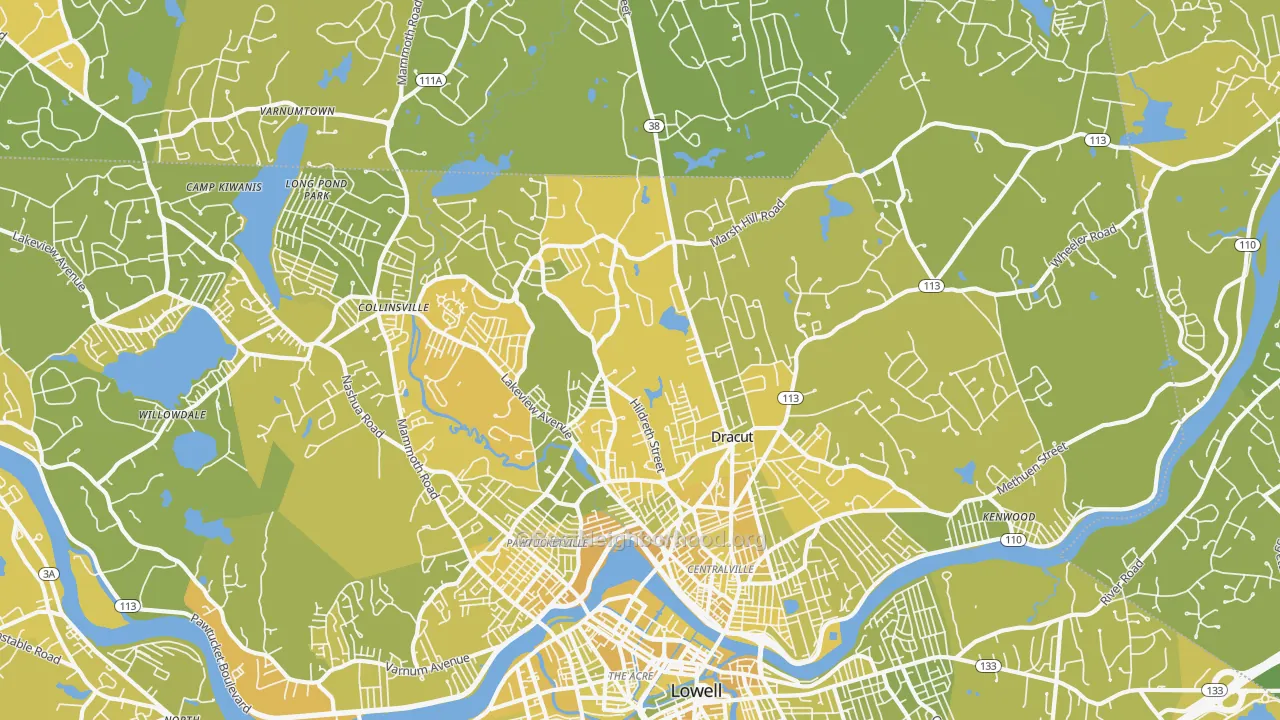 Map of the best neighborhoods in the Dracut area, with better matches in green and worse matches in red