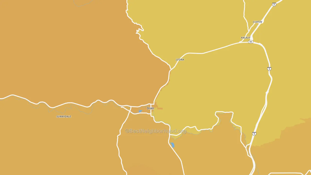 Map of the best neighborhoods in the Drain area, with better matches in green and worse matches in red