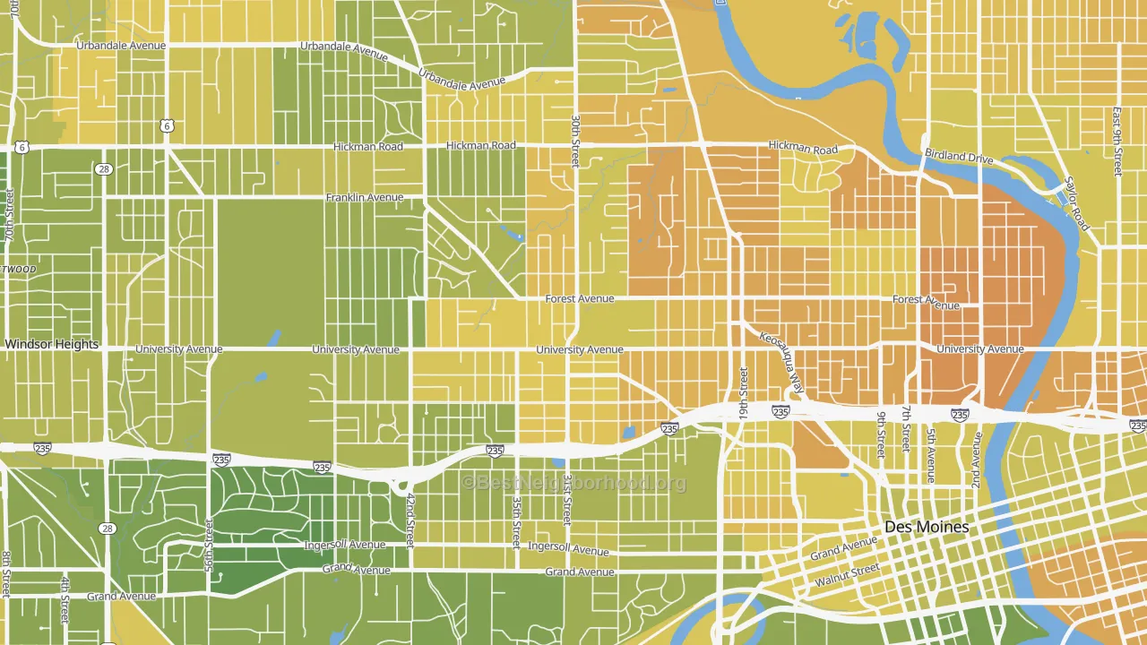 Map of the best neighborhoods in the Drake, Des Moines area, with better matches in green and worse matches in red