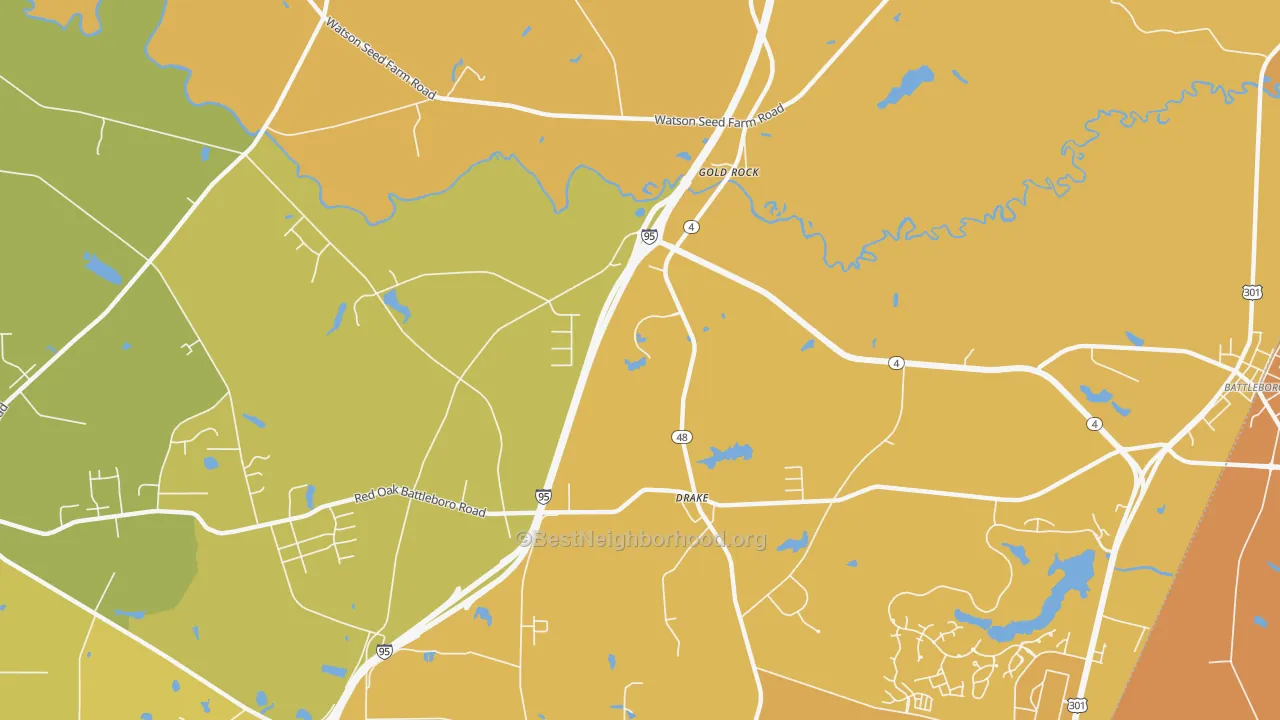 Map of the best neighborhoods in the Drake area, with better matches in green and worse matches in red