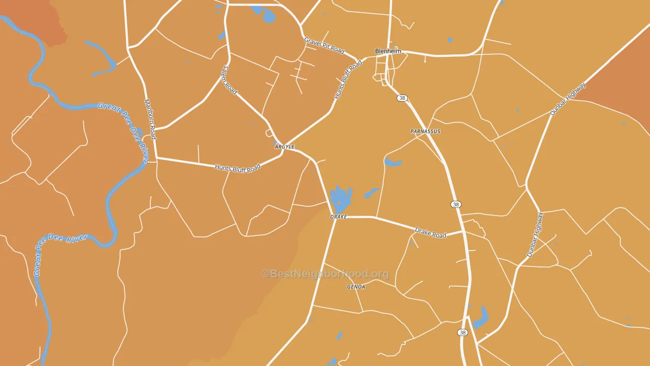 Map of the best neighborhoods in the Drake area, with better matches in green and worse matches in red