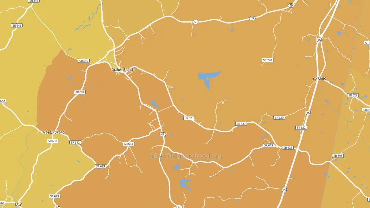 Map of the best neighborhoods in the Drakes Branch area, with better matches in green and worse matches in red