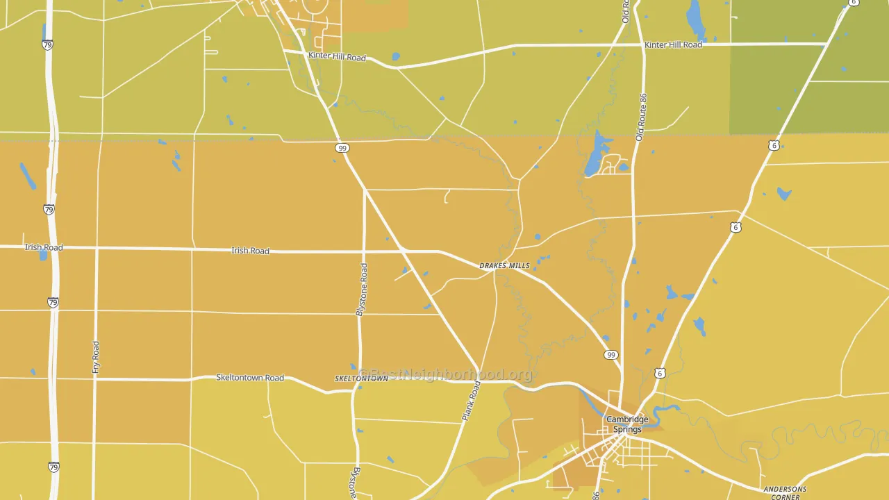 Map of the best neighborhoods in the Drakes Mills area, with better matches in green and worse matches in red