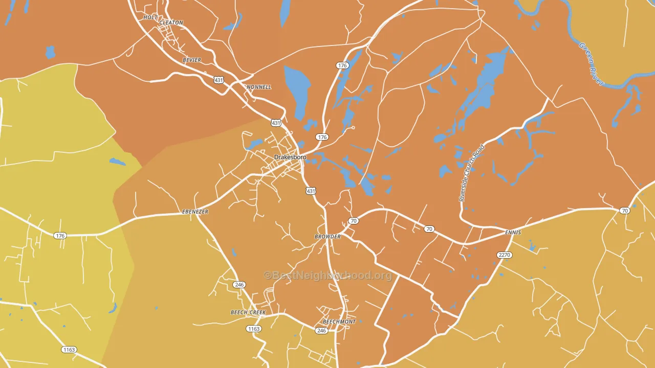 Map of the best neighborhoods in the Drakesboro area, with better matches in green and worse matches in red