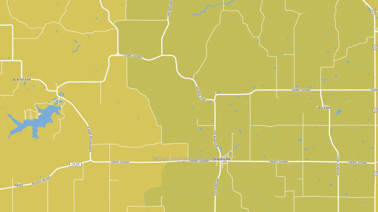 Map of the best neighborhoods in the Drakesville area, with better matches in green and worse matches in red
