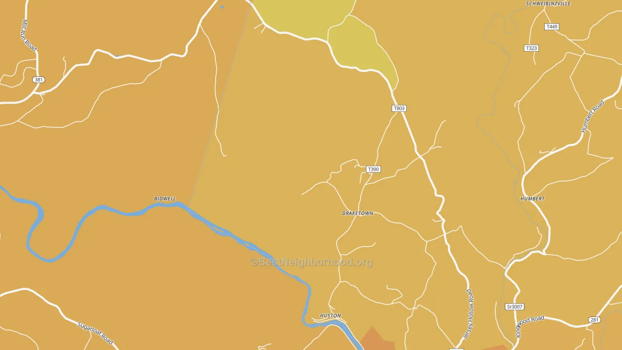 Map of the best neighborhoods in the Draketown area, with better matches in green and worse matches in red