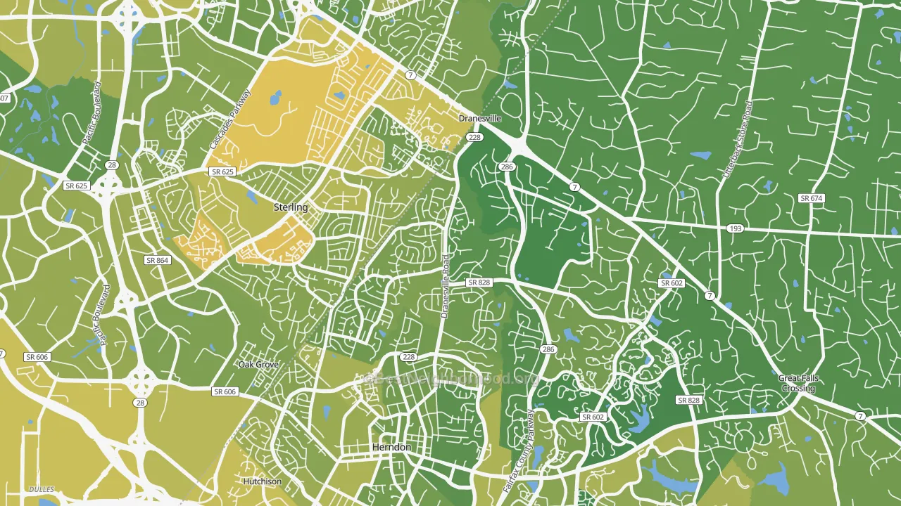 Map of the best neighborhoods in the Dranesville area, with better matches in green and worse matches in red
