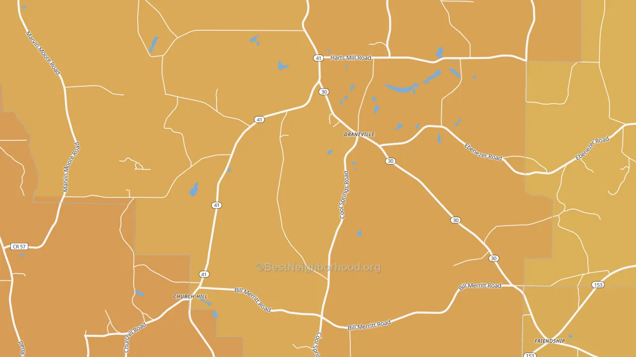 Map of the best neighborhoods in the Draneville area, with better matches in green and worse matches in red